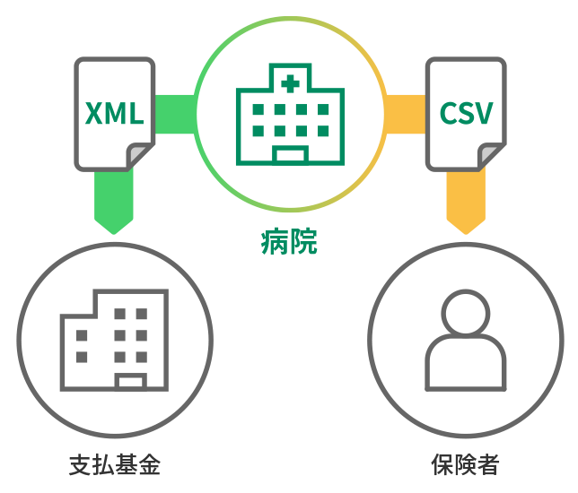 病院→XML→支払基金/病院→CSV→保険者